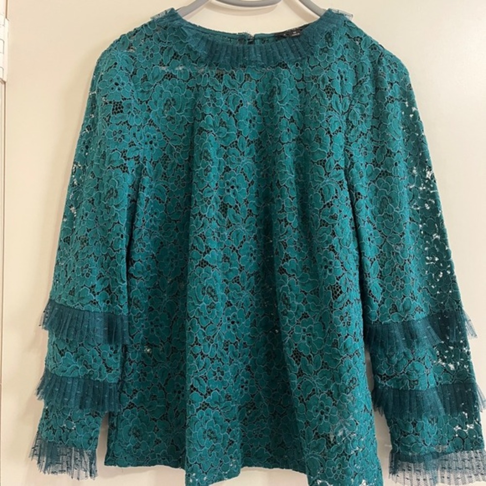 J Crew Women Lace Blouse Medium Green Tiered Sleeves Romantic Fairy Boho Cottage